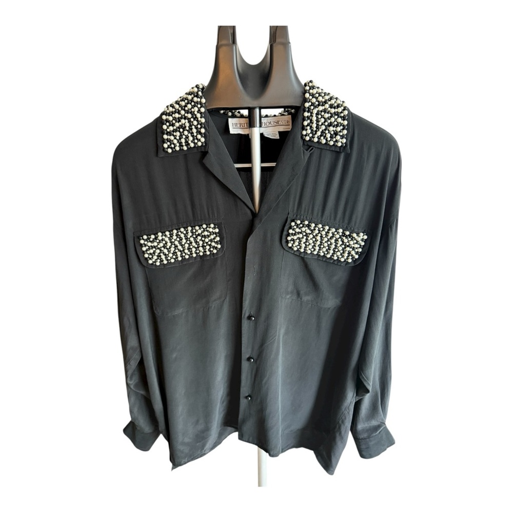 Heritage House Black Silk Black&White Pearls Long Sleeve Blouse Sise 10